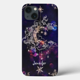 Beautiful Boho Moon Stars Blue Purple Custom Text iPhone 13 Case
