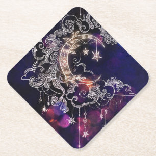 Beautiful Boho Moon Stars Blue Purple  Paper Coaster