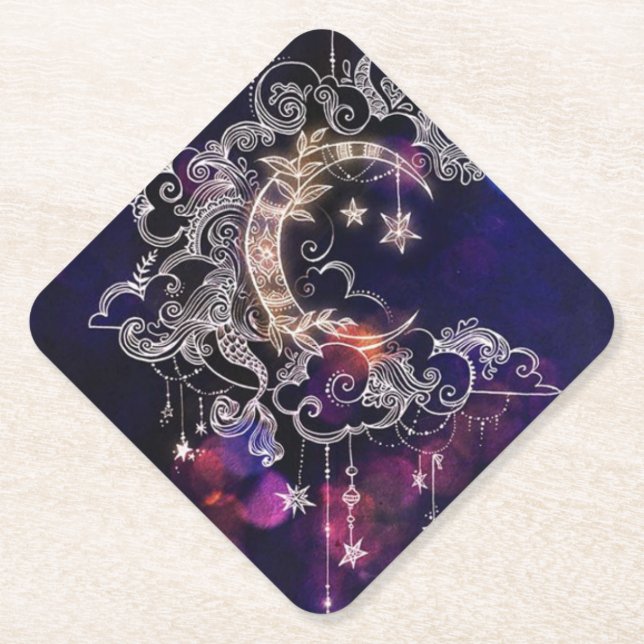 Beautiful Boho Moon Stars Blue Purple  Paper Coaster (Front)
