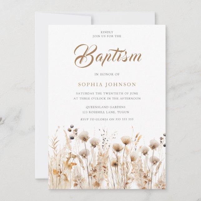 Beautiful Boho Watercolor Wildflower Baptism Invitation (Front)