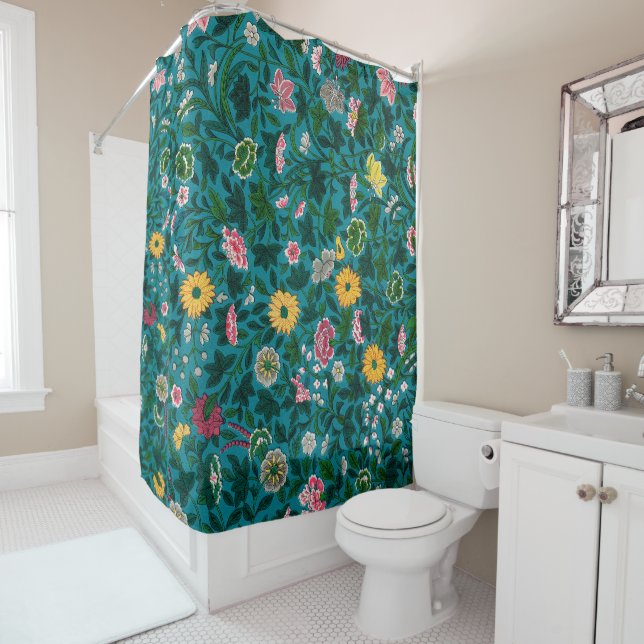 Beautiful Bold Floral Boho Blue Green  Shower Curtain (In Situ)