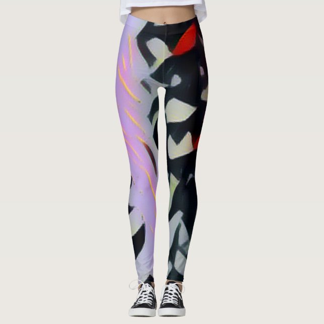 Beautiful Bold Modern Art Back & Lavender  Leggings (Front)