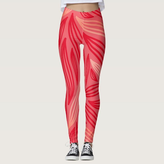 Beautiful Bold Orange Red Leafy Pattern  Leggings (Front)