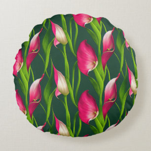 Beautiful Bold Pink & Green Calla Lilly Florals  Round Cushion