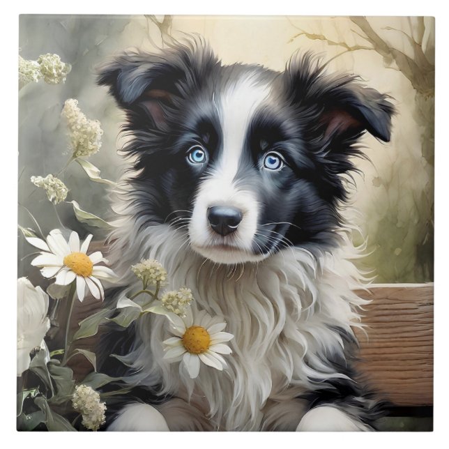 Beautiful Border Collie Dog Flowers Ceramic Tile (Front)