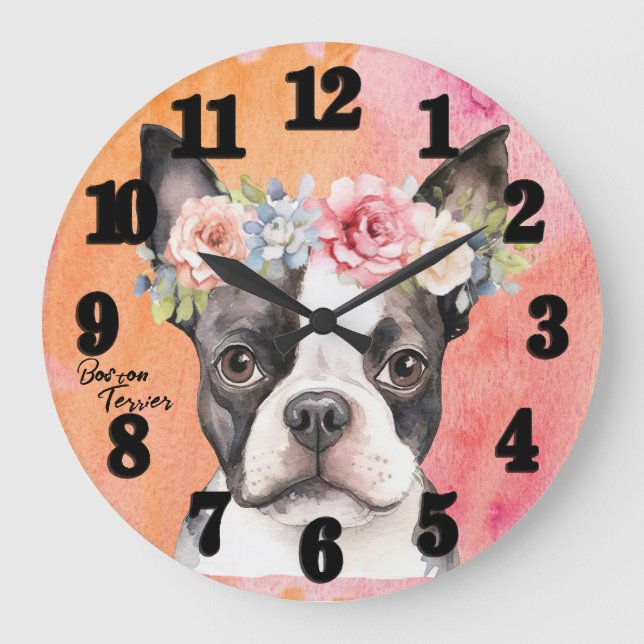Beautiful Boston Terrier Dog  Large Clock (Front)
