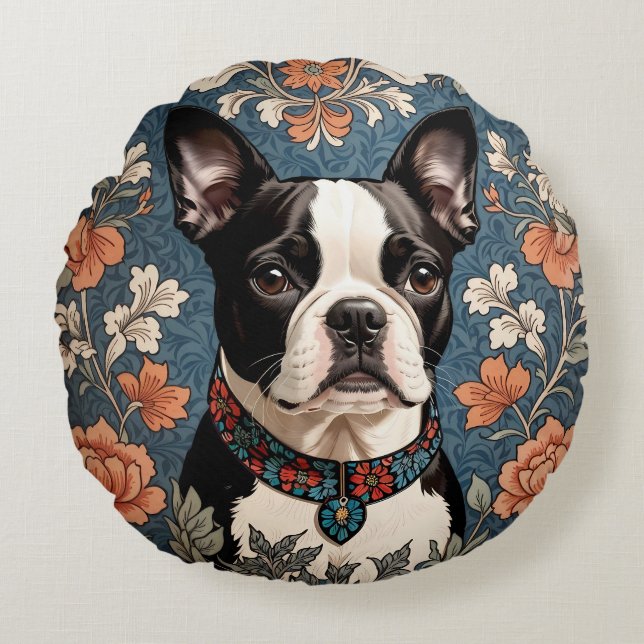 Beautiful Boston Terrier William Morris Inspired Round Cushion (Front)