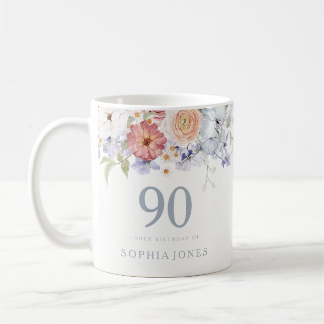 Beautiful Botanical Floral 90th Birthday Party  Coffee Mug (Left)