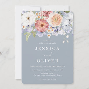 Beautiful Botanical Floral Dusty Blue Wedding Invitation