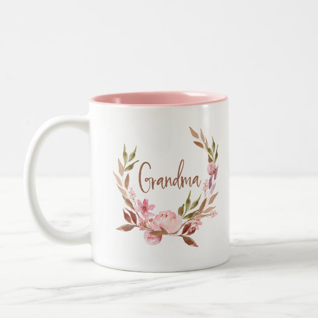 Beautiful Botanical Floral Wreath | Grandma Two-Tone Coffee Mug (Left)