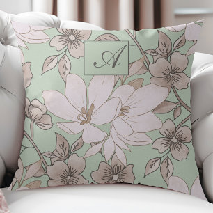Beautiful Botanical Flowers and Leaves Light Green Cushion