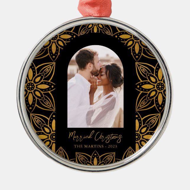 Beautiful Botanical Married Christmas Photo Black Metal Tree Decoration (Front)
