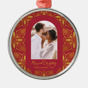 Beautiful Botanical Married Christmas Photo Red Metal Tree Decoration