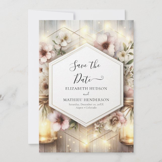  Beautiful Botanical Mason Jar Wedding Save The Date (Front)