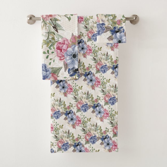 Beautiful Botanical Pink and Blue Flowers Bath Towel Set (Insitu)