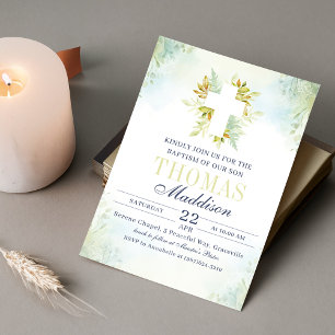 Beautiful Botanical White Cross Baptism Invitation