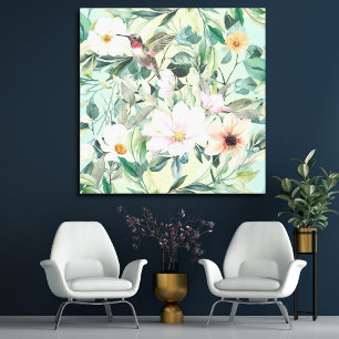 Beautiful Botanical Wildflowers and Hummingbird Canvas Print