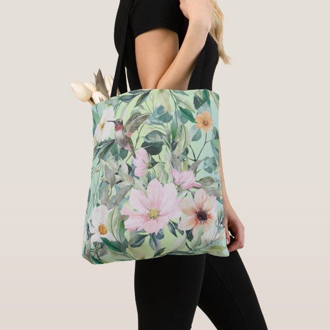 Beautiful Botanical Wildflowers and Hummingbird Tote Bag (Close Up)