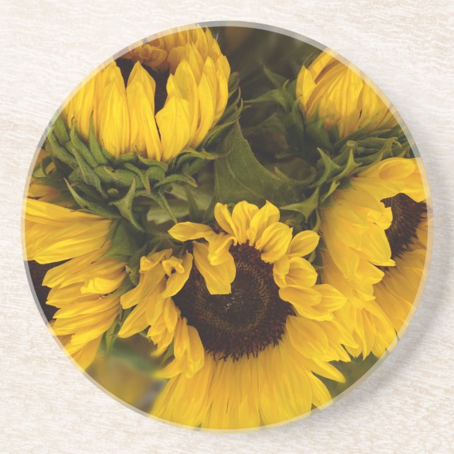 Beautiful Bouquet of Gold Sunflowers Round Pillow Coaster (Front)