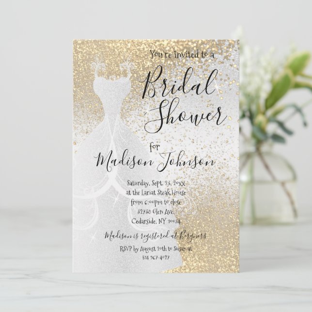 Beautiful Bridal Shower - White & Gold Glitter Invitation (Standing Front)