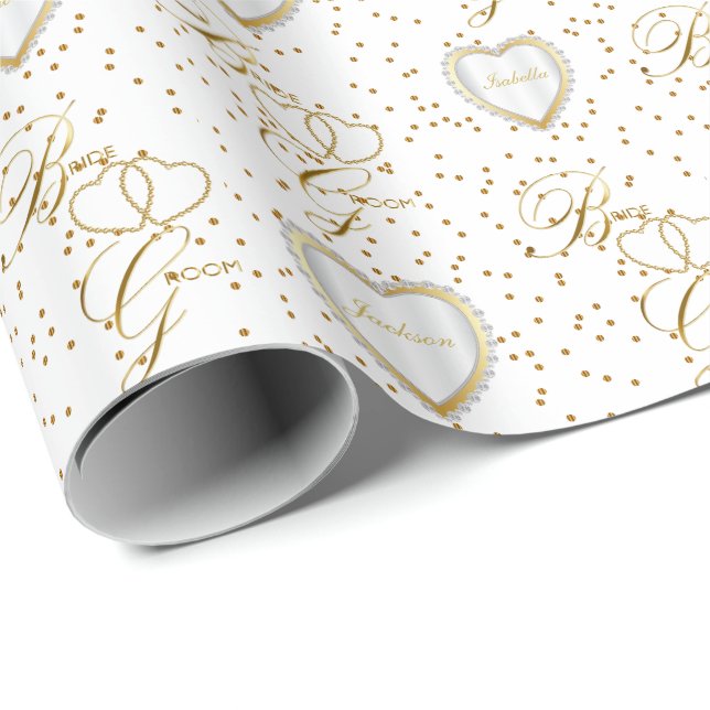 Beautiful Bride and Groom Gold Heart -Wedding Wrapping Paper (Roll Corner)