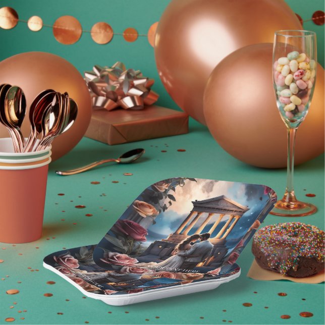 Beautiful Bride & Groom Standing by the Sea Paper Plate (Multi)