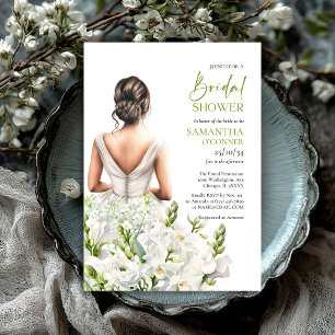 Beautiful bride with lavish bouquet white flowers invitation