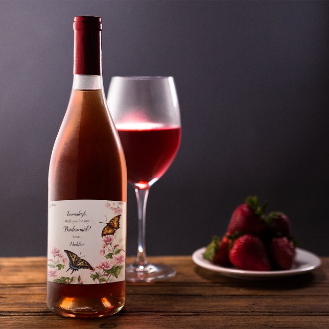 Beautiful Bridesmaid Proposal Floral Butterflies Wine Label (Creator Uploaded)