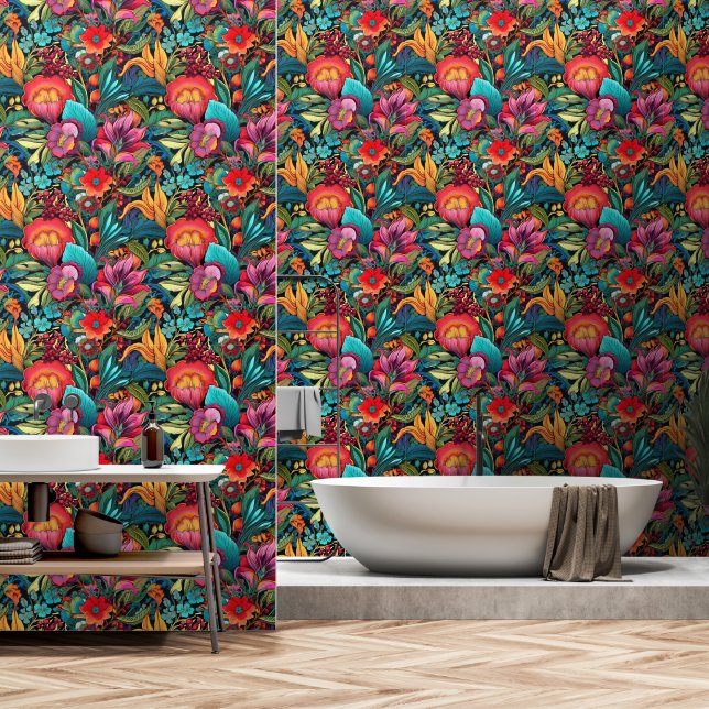 Beautiful Bright Coloured Red Orange Turq Bathroom Wallpaper (Bathroom)