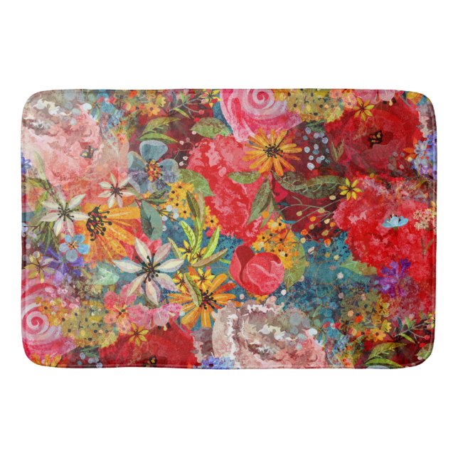 Beautiful Bright Colourful Abstract Floral Pattern Bath Mat (Front)