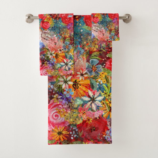 Beautiful Bright Colourful Abstract Floral Pattern Bath Towel Set (Insitu)