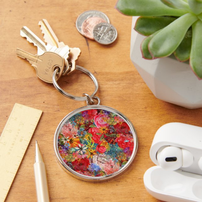 Beautiful Bright Colourful Abstract Floral Pattern Key Ring (Desk)