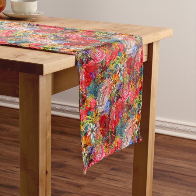Beautiful Bright Colourful Abstract Floral Pattern Short Table Runner (In Situ)
