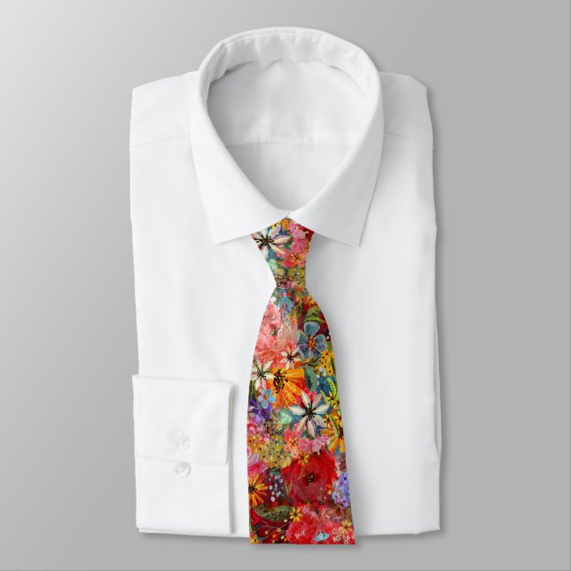 Beautiful Bright Colourful Abstract Floral Pattern Tie (Tied)