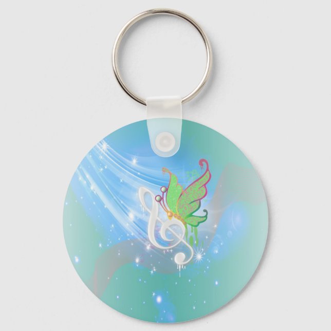 Beautiful bright cool white music note butterfly key ring (Front)