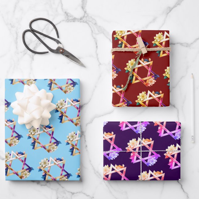 Beautiful Bright Floral Star of David Jewish Event Wrapping Paper Sheet (Front)