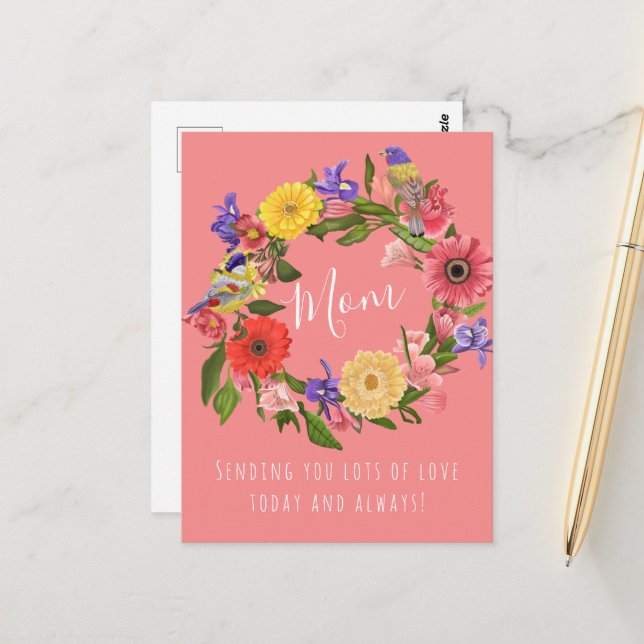 Beautiful Bright Floral Wreath Happy Mother's Day  Postcard (Front/Back In Situ)