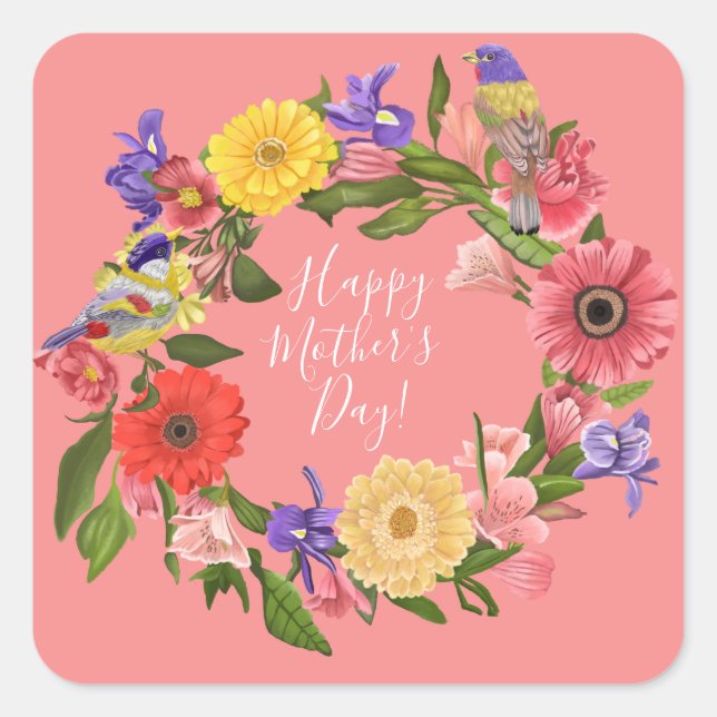 Beautiful Bright Floral Wreath Happy Mother's Day  Square Sticker (Front)