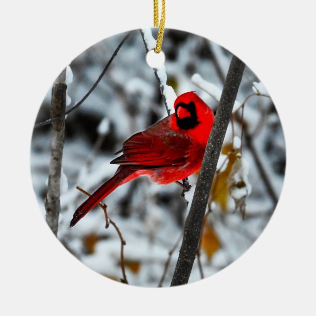 Beautiful Bright Red Cardinal in the Snow Ceramic Tree Decoration (Front)
