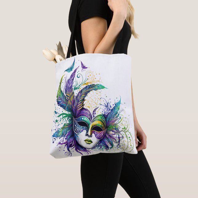 BEAUTIFUL BRIGHTLY COLORED MARDI GRAS MASK TOTE BAG (Close Up)