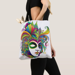 BEAUTIFUL BRIGHTLY COLORED MARDI GRAS MASK TOTE BAG