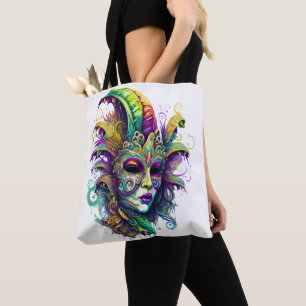 BEAUTIFUL BRIGHTLY COLORED MARDI GRAS MASK TOTE BAG