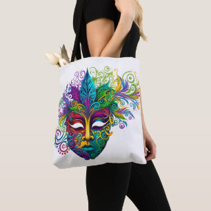 BEAUTIFUL BRIGHTLY COLORED MARDI GRAS MASK TOTE BAG