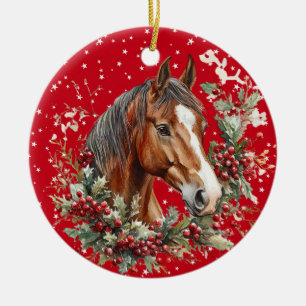 BEAUTIFUL BROWN AND WHITE CHRISTMAS HORSE CERAMIC TREE DECORATION
