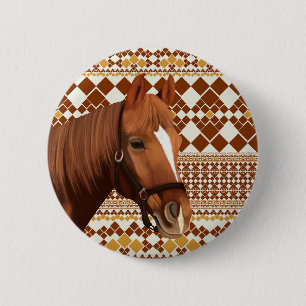 Beautiful Brown horse on Earthy Geometric Pattern 6 Cm Round Badge