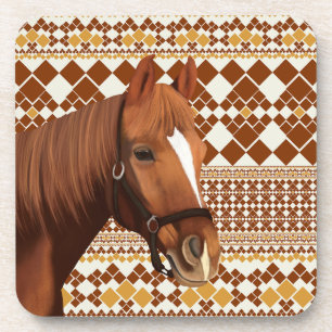 Beautiful Brown horse on Earthy Geometric Pattern Coaster