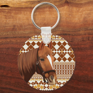 Beautiful Brown horse on Earthy Geometric Pattern Key Ring
