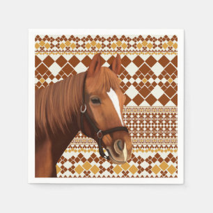 Beautiful Brown horse on Earthy Geometric Pattern Napkin