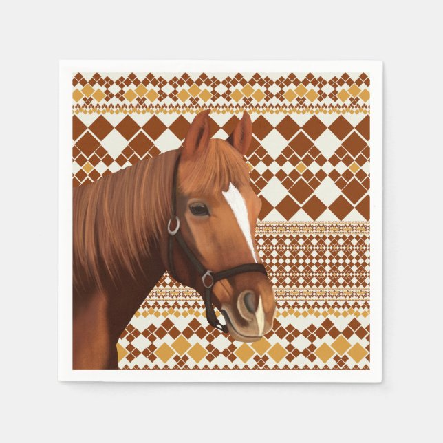 Beautiful Brown horse on Earthy Geometric Pattern  Napkin (Front)