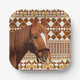 Beautiful Brown horse on Earthy Geometric Pattern Paper Plate